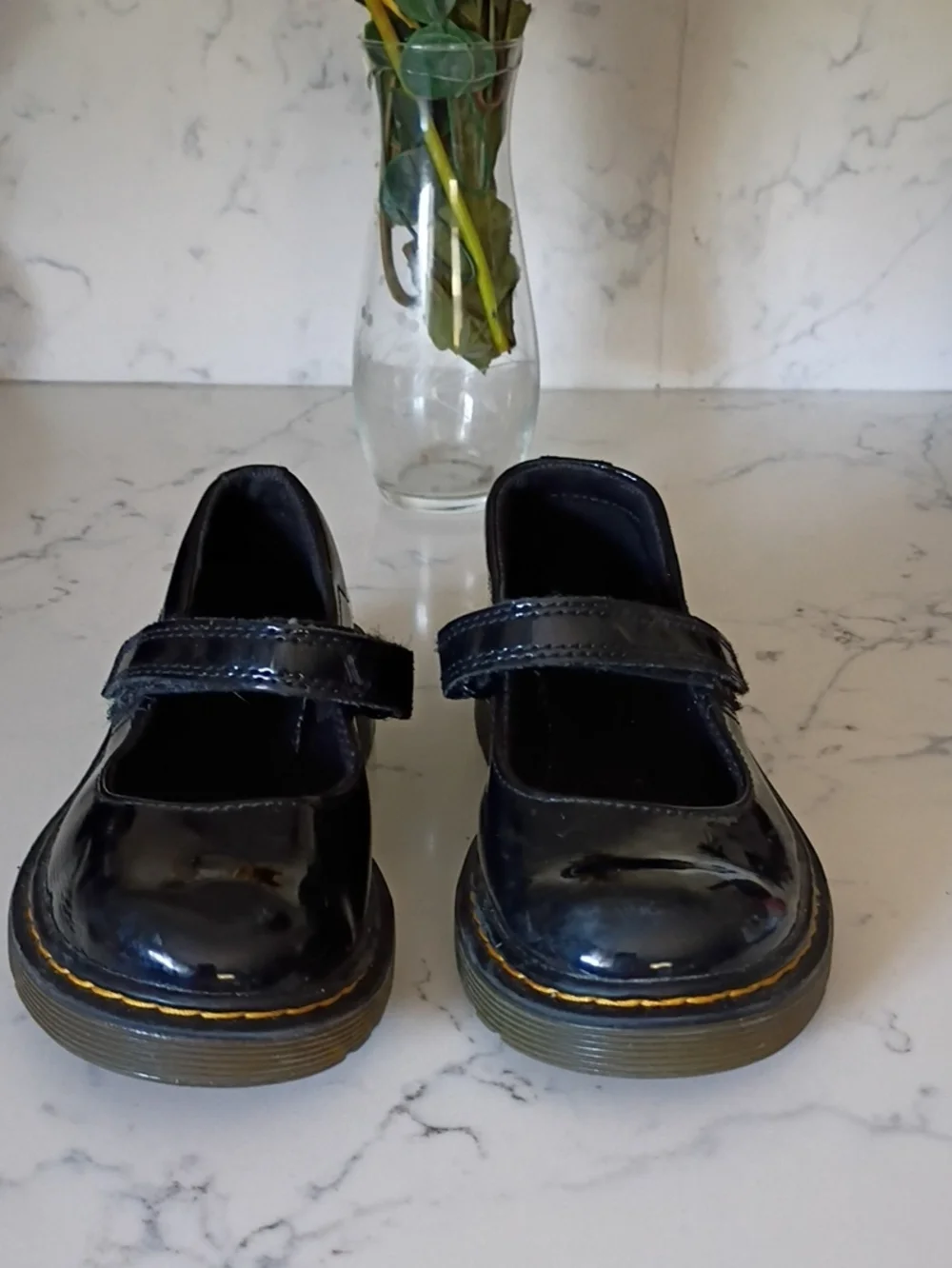 Dr. Martens Girls Black Patent Mary Jane Shoes with Yellow Stitching